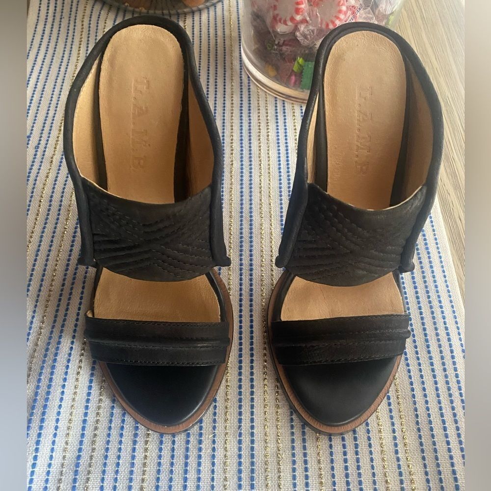 L.A.M.B. Black Leather Suede Open Toe Stiletto Sandals Size 6